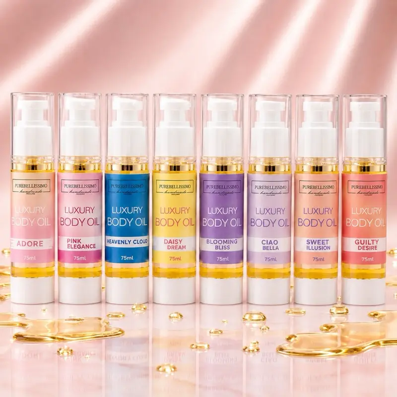 PureBellissimo Luxury Body Oil Set of 8 - Adore, Pink Elegance, Heavenly Cloud, Daisy Dream, Blooming Bliss, Ciao Bella, Sweet Illusion, Guilty Desire - 75ml