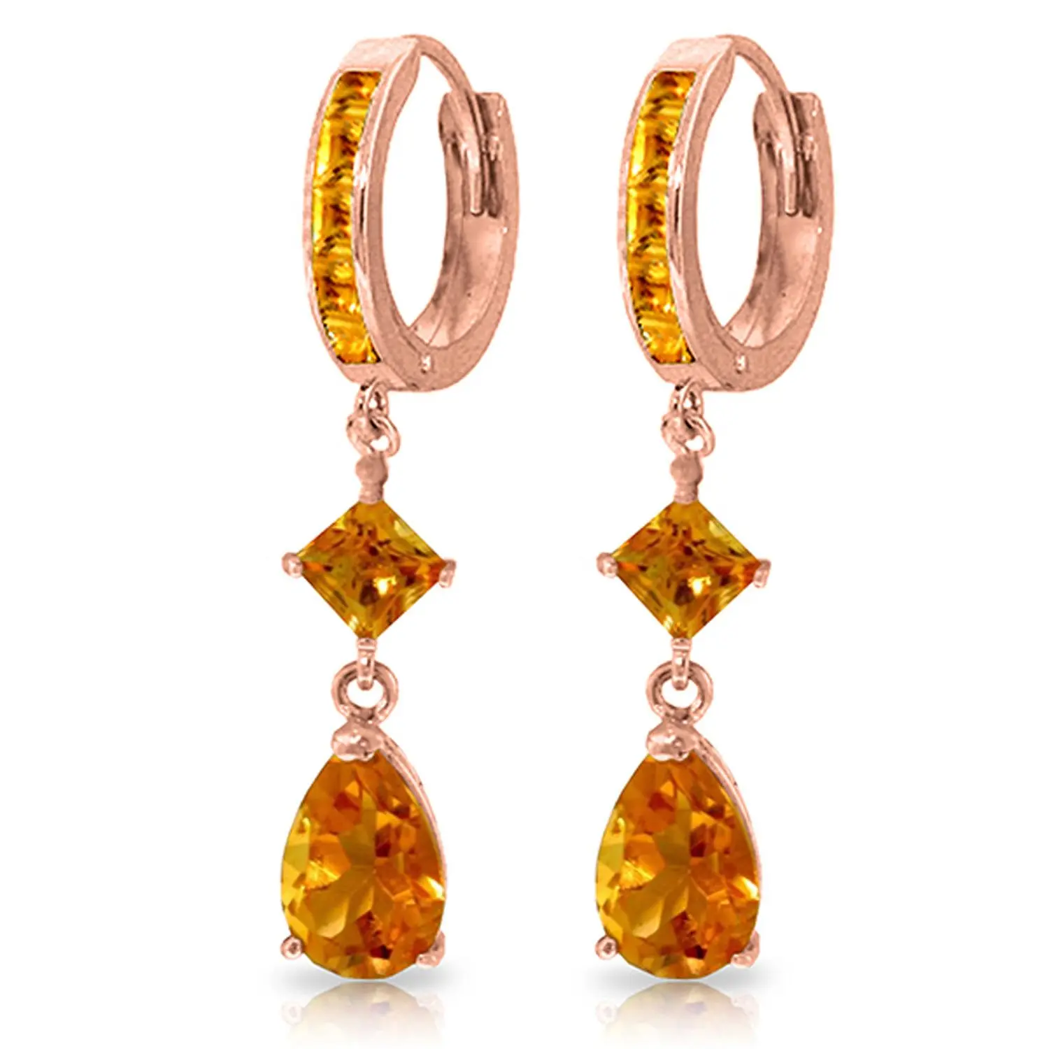 5.62 Carat 14k Solid Rose Gold Huggie Earrings Dangling Citrine