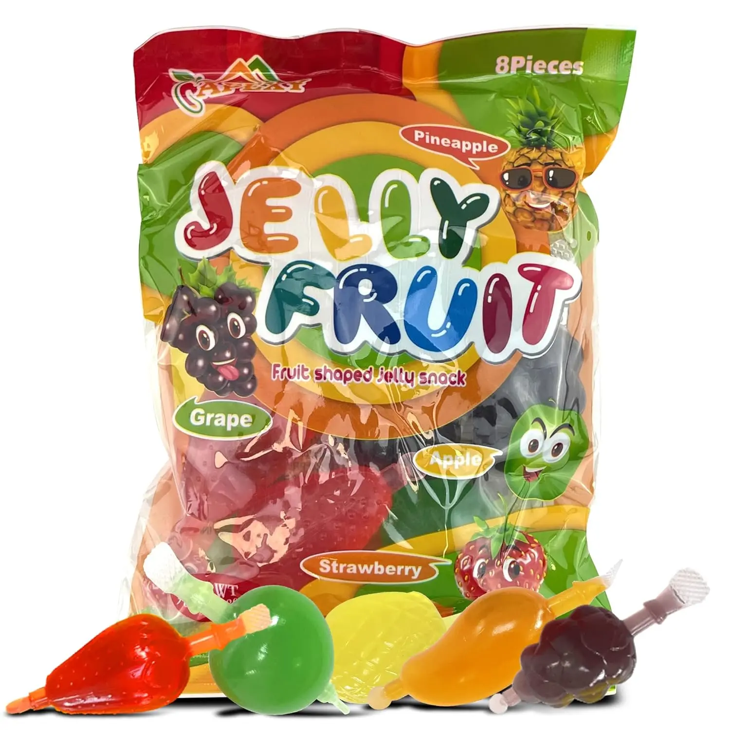 Apexy Jelly Fruit Assorted Fruit Shaped Jelly, Strawberry, Mango, Apple, Pineapple, Grape. 9.87oz.
