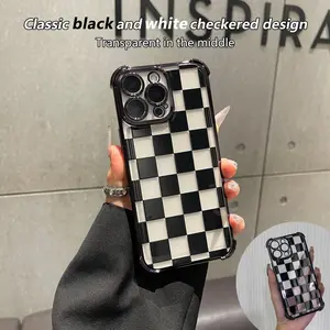 Black checkered four-corner drop-proof TPU phone case for iPhone Samsung Galaxy 17 Air 16Pro Max 15 14Plus 13 12 11 XR XS S26Ultra S25 S24 S23 Simple and stylish camera protection Shockproof Anti-Drop Shockproof Drop Protection Durable Phone Case.A110