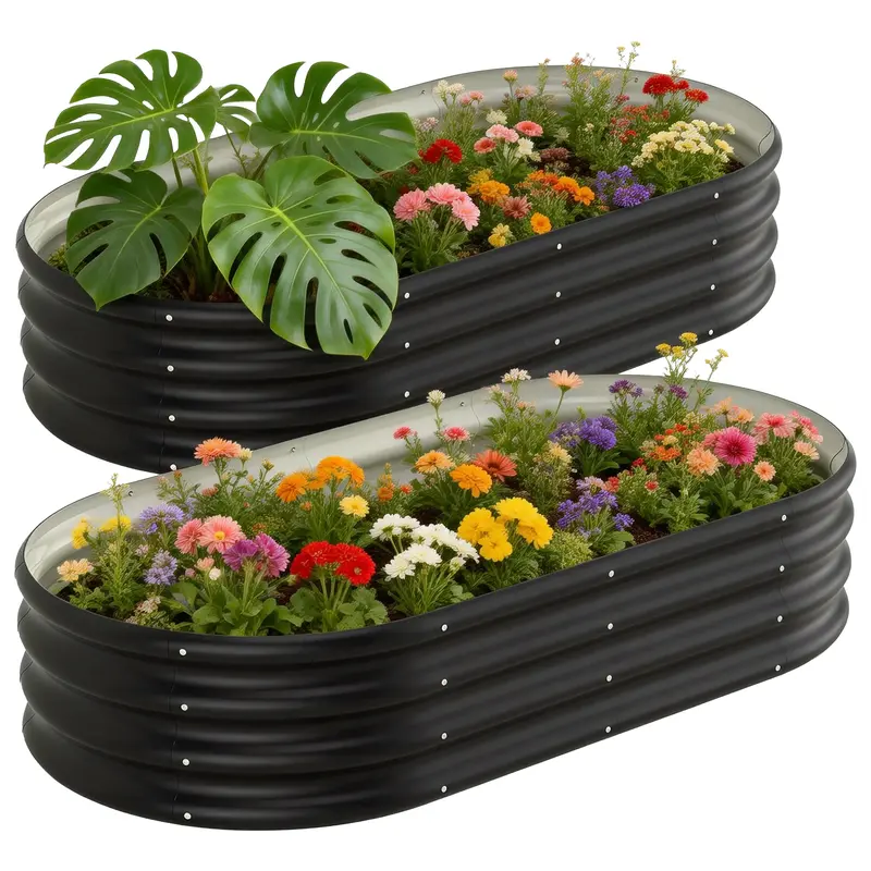 2-Pack Black 0.78mm Superior Thickness Q195 Galvanized Steel Raised Beds for Gardening (4×2×1ft) - Oval Elevated Planters, Double-Layer Open-Bottom, Anti-Corrosion, 7.14 cu ft Each, Boosts Root Health, for Outdoor Herbs/Veg/Flowers