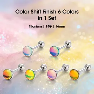 14G 6-Piece Titanium Tongue Ring Set, 16mm Barbell with Colorful Electroplated Rhinestone Beads, for Daily Wear & Styling, Rhinestones