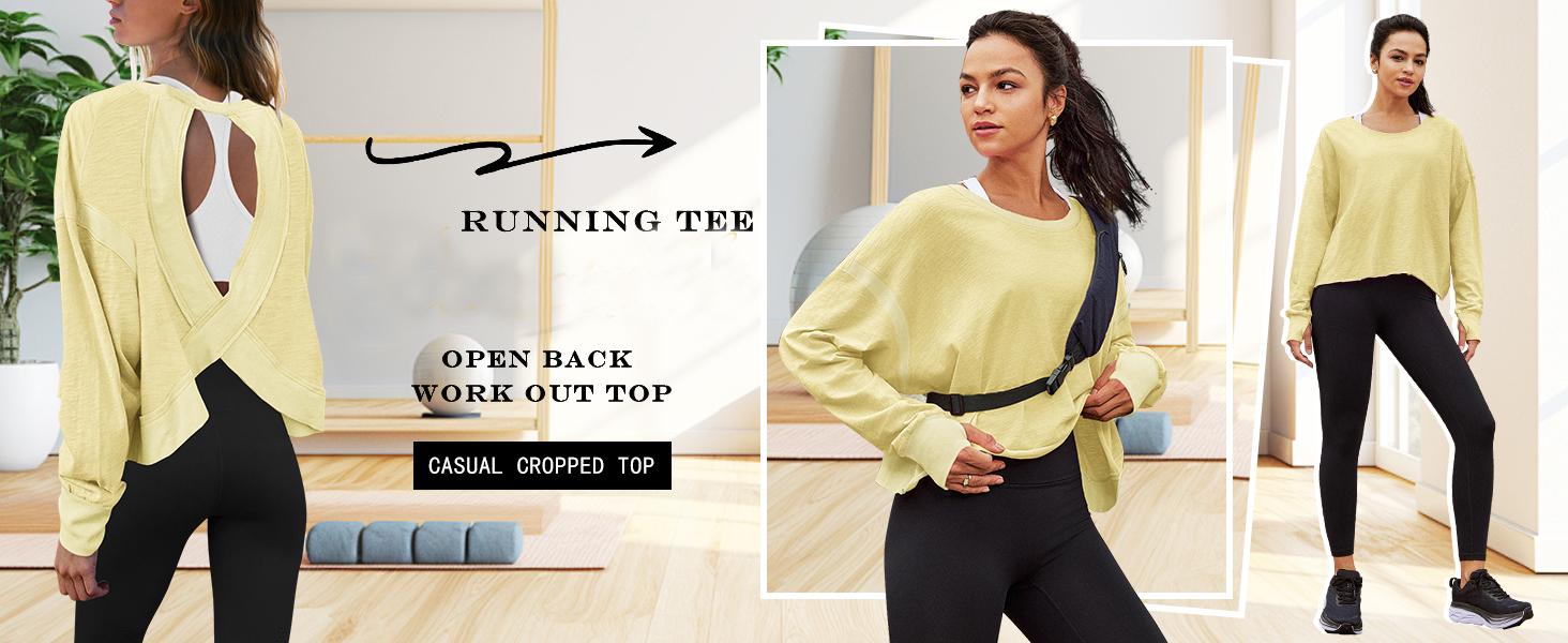 Naeduo Women's Long Sleeve Open Back Sports T-Shirt – Casual Yoga, Running & Workout Top, Y2K Style