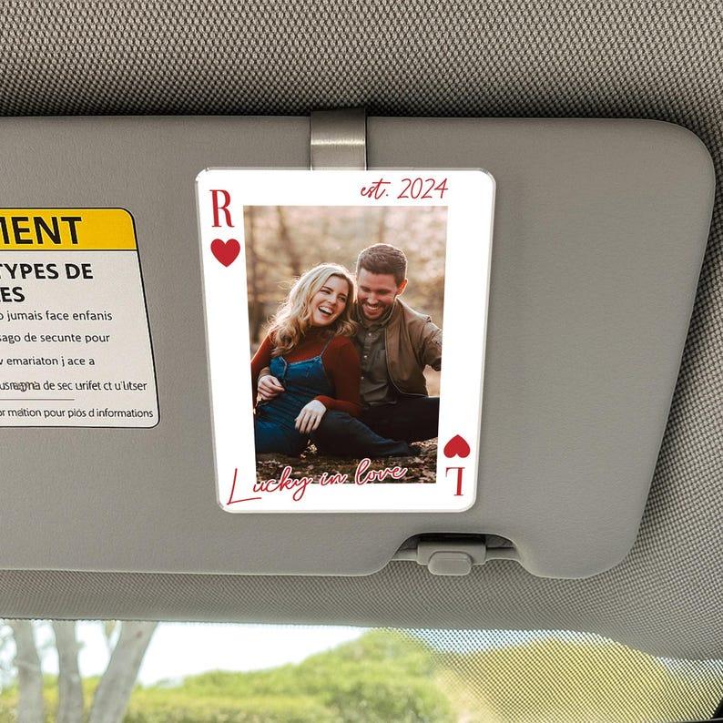 Personalized Your Photo Car Hanging Keychain, Drive Safe Gift for Him, Valentine's Day Gift Boyfriend, Couple Playing Card Car Visor Clip