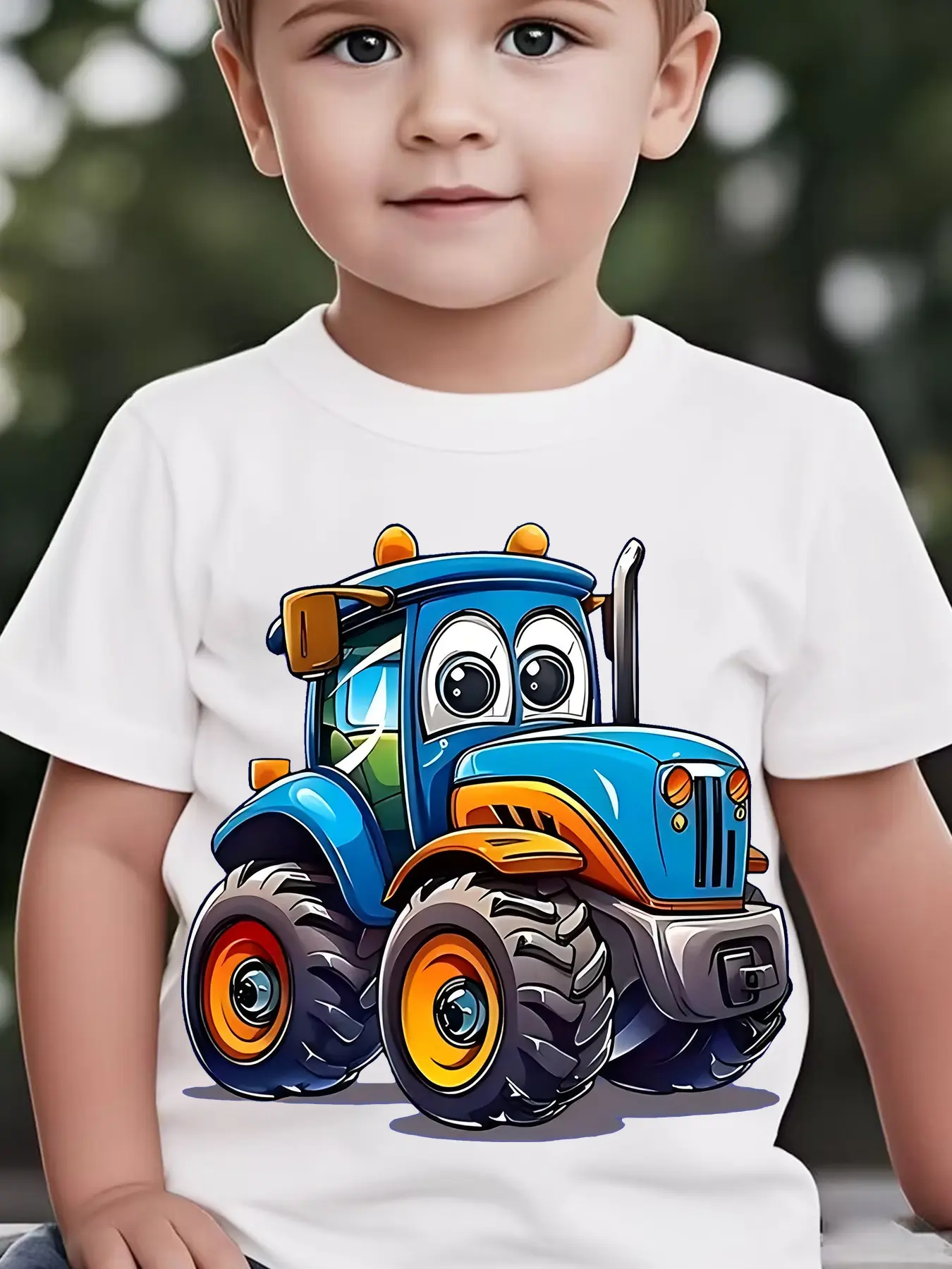Boys' Cotton Short-Sleeve Scoop Neck T-Shirt - Blue, Cartoon Tractor Farm Vehicle Graphic, Fitted Cut, Medium Stretch Top for Kids