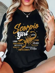 100% Cotton Scorpio Graphic Print T-shirt, Short Sleeve Crew Neck Casual Top for Summer & Spring, Women's Clothing