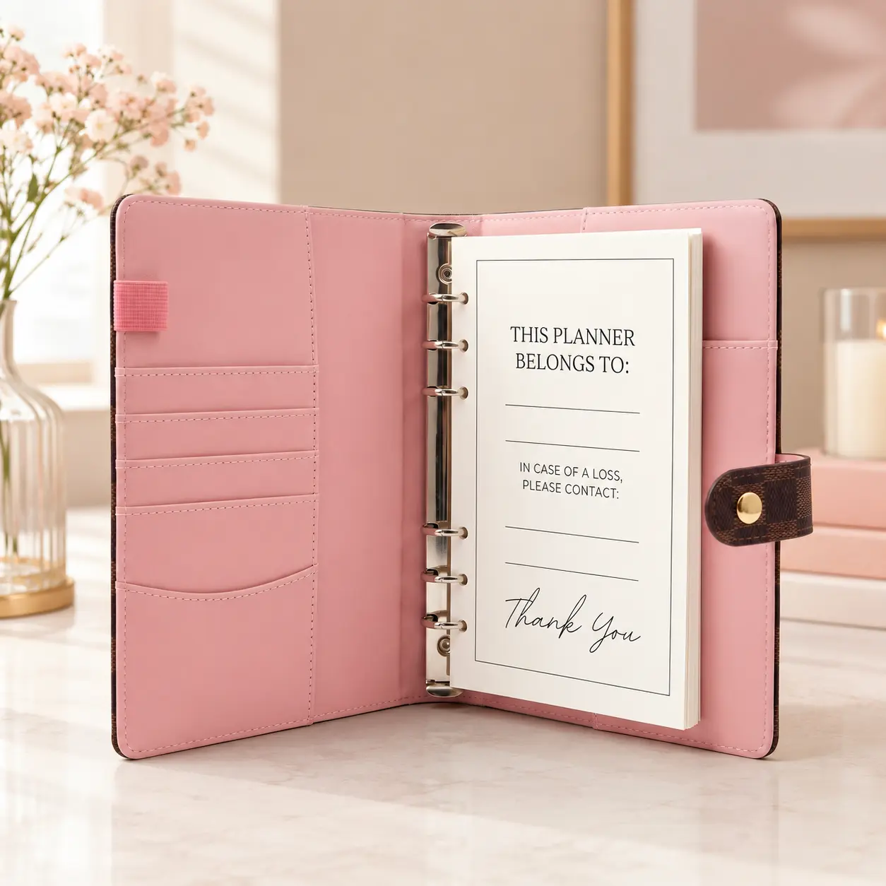 A5 Checkered 6-Ring Binder Notebook - 1pack Aesthetic PU Leather Refillable Organizer with 6-Ring Mechanism, 80 Grid Pages, Built-in Card Slots, Office Accessories, Journaling Supplies for Students, Work, Grid Lines