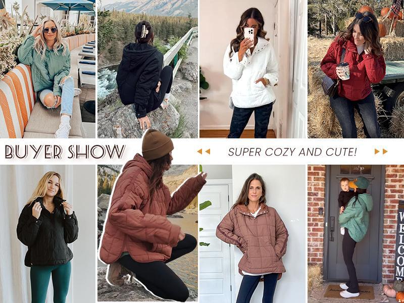 Naeduo Women's Oversized Hooded  Jacket Quilted Lightweight Winter Warm Pullover Padded Hoodies  Casual Long Sleeve Solid Color with Side Pockets & Adjustable Cuffs - Womenswear Shirts Minimalist Outerwear Blouses Basic Cute Leggings