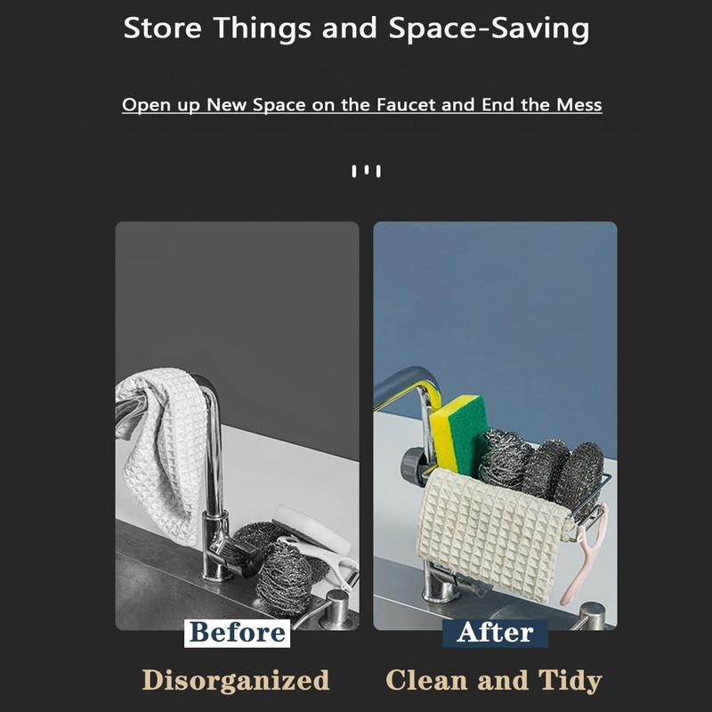 Kitchen Sink Caddy Organizer Over Faucet Sponge Holder, Stainless Steel Heavy Duty Thickening Hanging Faucet Drain Rack for Scrubbers, Soap, Bathroom, Detachable No Suction Cup or Magnet