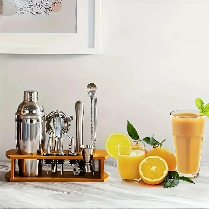 (15 piece set) Juice mixing tool set (including bracket) | Juice beverage mixing tool set, equipped with a complete set of basic accessories: Martini shaker, holder, filter, mixing spoon, mixer, kettle | Silver, professional cocktail tool, finely crafted