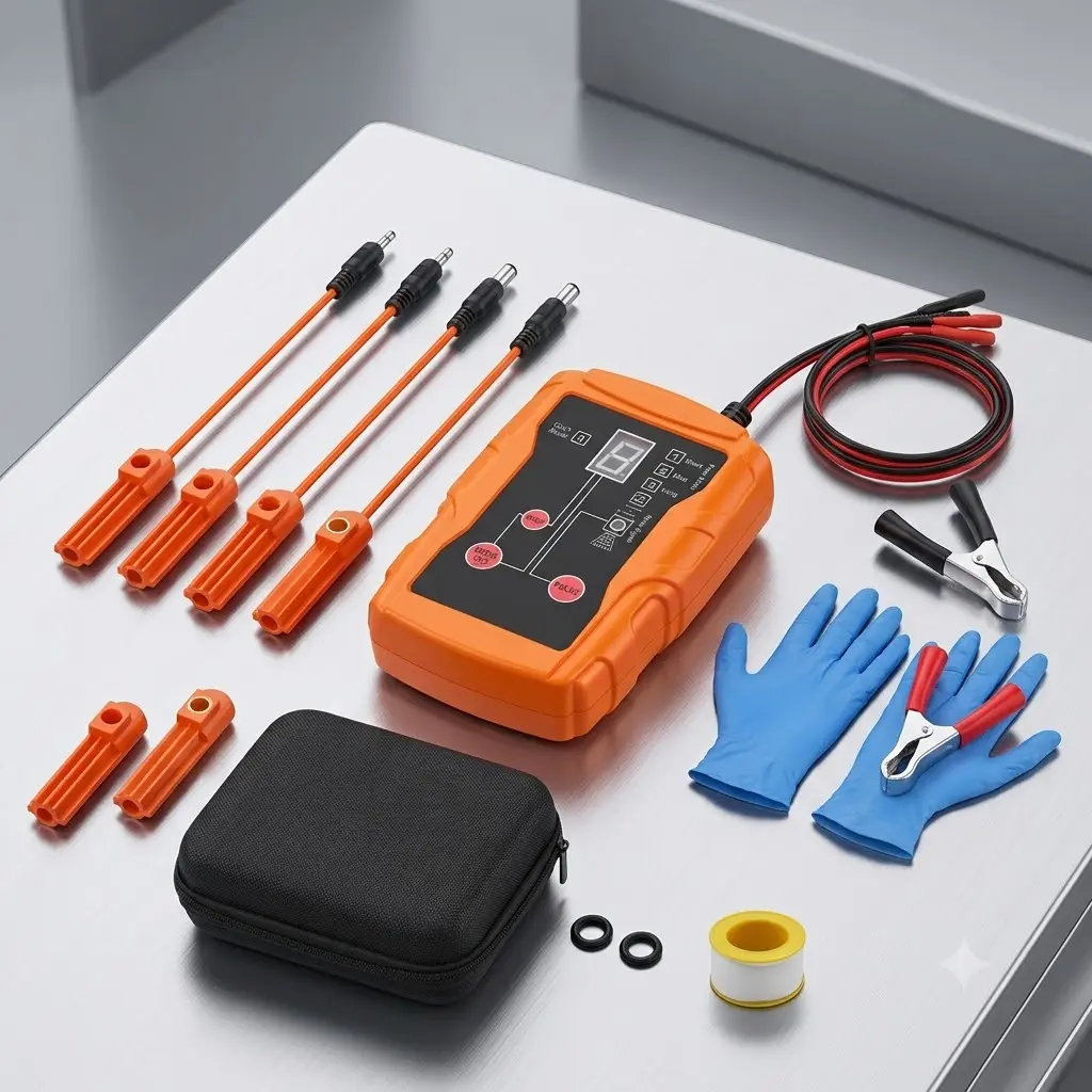 THIKPO Automotive Fuel Injector Tester and Cleaner Kit - 8 Pulse Modes Injector Tester, DIY Fuel Injector Cleaning Tool Set with Adapters, Clips and Gloves for 12V Vehicles