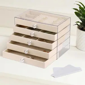 Luxury Acrylic Jewelry Organizer with 5 Drawers, Velvet Lined Clear Stackable Storage for Earrings, Necklaces, Rings & Bracelets, Elegant Beige Vanity Dresser Top Display Corner Cosmetic Rack Collapsible Multifunctional Bins Rolling Three-Tier Cart Set