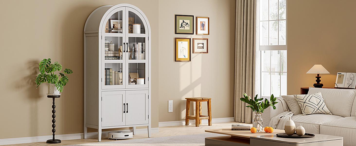 【SPRING GLOW UP】ONBRILL 71''Tall Arched Storage Display Cabinet, 5-Tier Kitchen Pantry With Glass Doors & Shelves 【SPRING GLOW UP】ONBRILL 71''Tall Arched Storage Display Cabinet, 5-Tier Kitchen Pantry With Glass Doors & Shelves