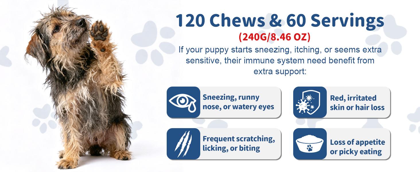 【Upgraded Formula】Allergy&Immune support chews for Dogs,JUMBO SIZE-120ct Chicken Flavor,Topper with Probiotic,Itching Skin and Ears Relief,with Colostrum Fish Oil to Boost Immune&promote Gut Health,Excessive Paw Licking,Natural Allergy Relief-Supplements