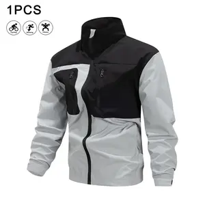 Men’s Stand Collar Colorblock Outdoor Jacket, Windproof Waterproof Breathable Softshell, Spring/Autumn Cycling Running Fitness Multi-Pocket Coat