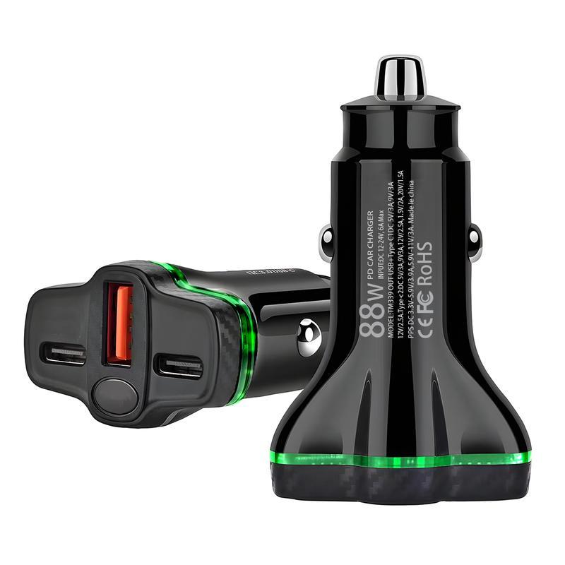 【Hieha】88W 3-Port Super Fast Car Charger, Dual PD30W USB-C + 18W USB-A | Multi-Protocol Charging for iPhone, iPad & Samsung