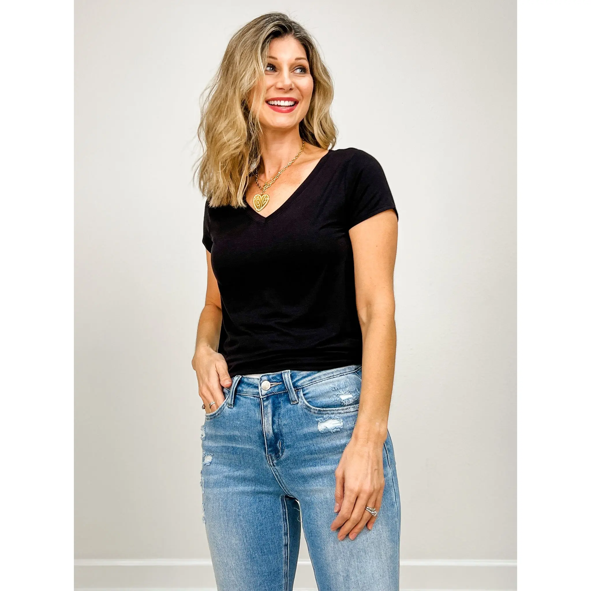 Rayon Short Sleeve V-neck Round Hem Top - GRP A Rayon Short Sleeve V-neck Round Hem Top - GRP A