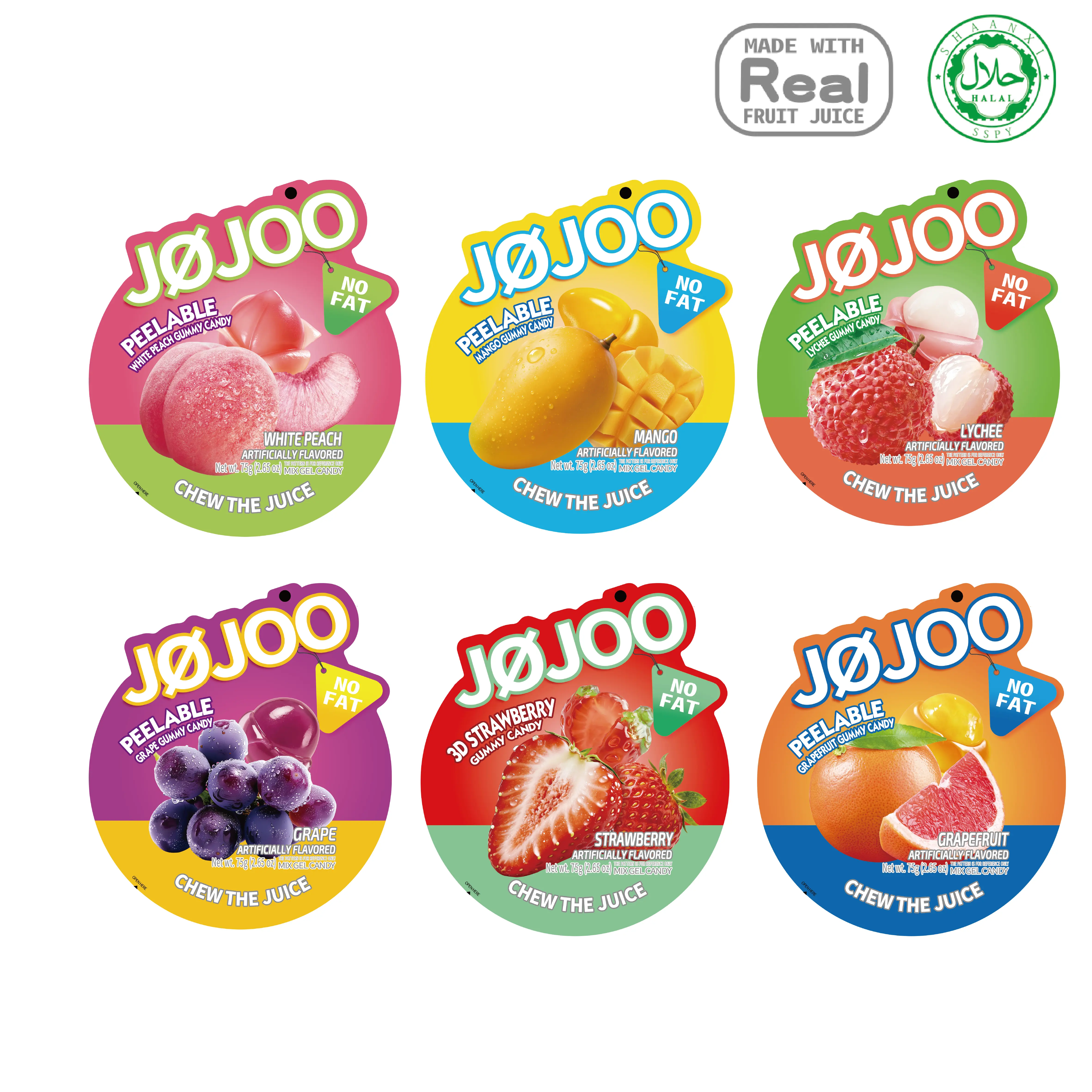 JØJOO Halal Gummy Candy, Peelable & 3D Chewy Candy, Made with Real Fruit Juice, 4.93 oz, 75g/bag Sweet Snack