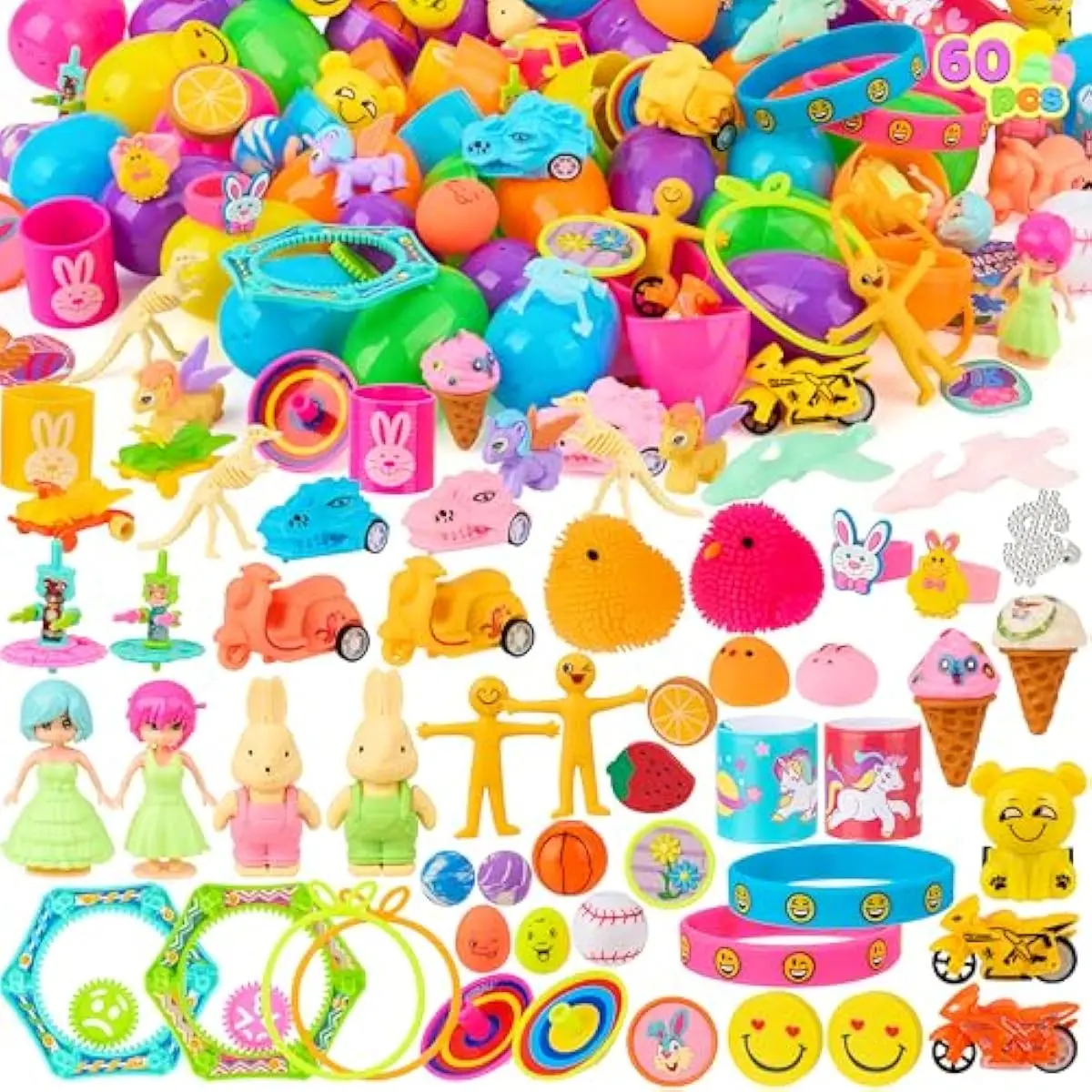 60Pcs Easter Eggs with Toys Stickers Inside, Prefilled Easter Eggs Hunt with Assorted Toys for Kids Boys Girls, Basket Stuffers Filler, Party Favors, Classroom Exchange
