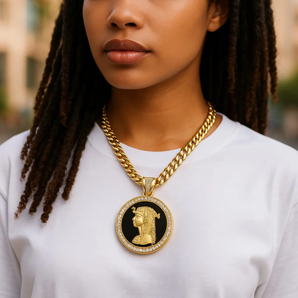 MaxBling81 Unisex Cleopatra Medallion Hip Hop Necklace - Gold-Plated 10mm Cuban Chain Link, 1-Piece Casual Glossy Polished Long Pendant, 18"-30" Multi-Size Metal Coating Fashion Costume Jewelry, Hip Hop Jewelry