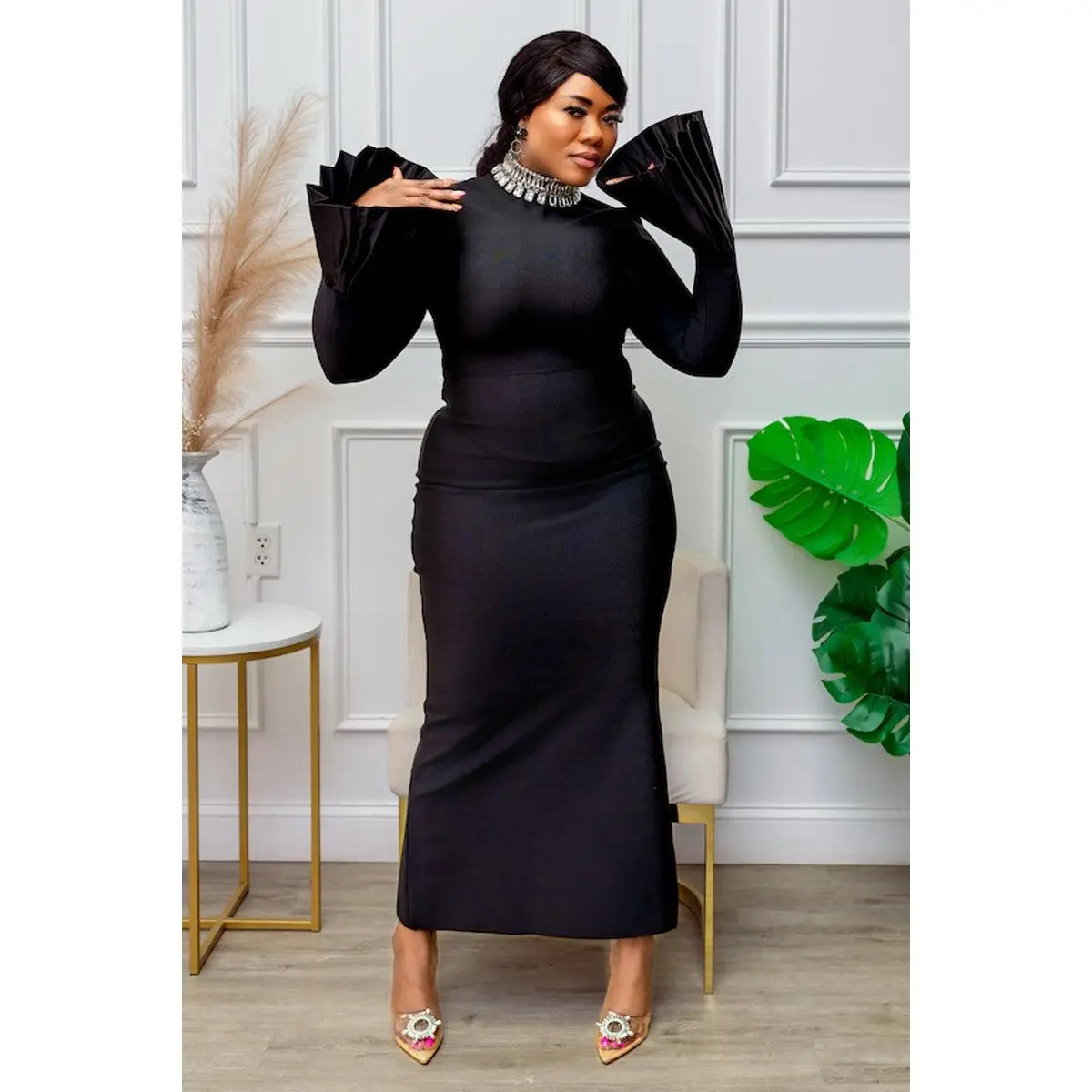 black bandage dress wholesale supplier Nicoleta Black Long Sleeve Bandage Midi Dress