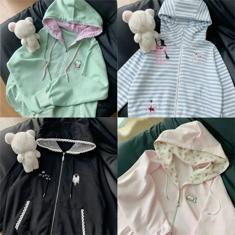 Preppy Syle Black Long Sleeve Zip Up Sweatshirts Coat Stand Neck Casual Y2k Tops Chic Casual Japanese Jacket Hoodies 2025 Women