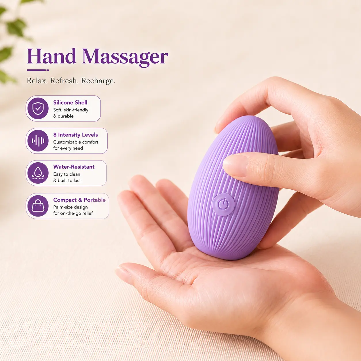 A hand-sized handheld massager for your hands, featuring 8 adjustable intensity levels Rechargeable and a soft silicone body, Reusable water-resistant allowing you to relax your hands anytime, Lightweight anywhere—an excellent Holiday gift for parents.
