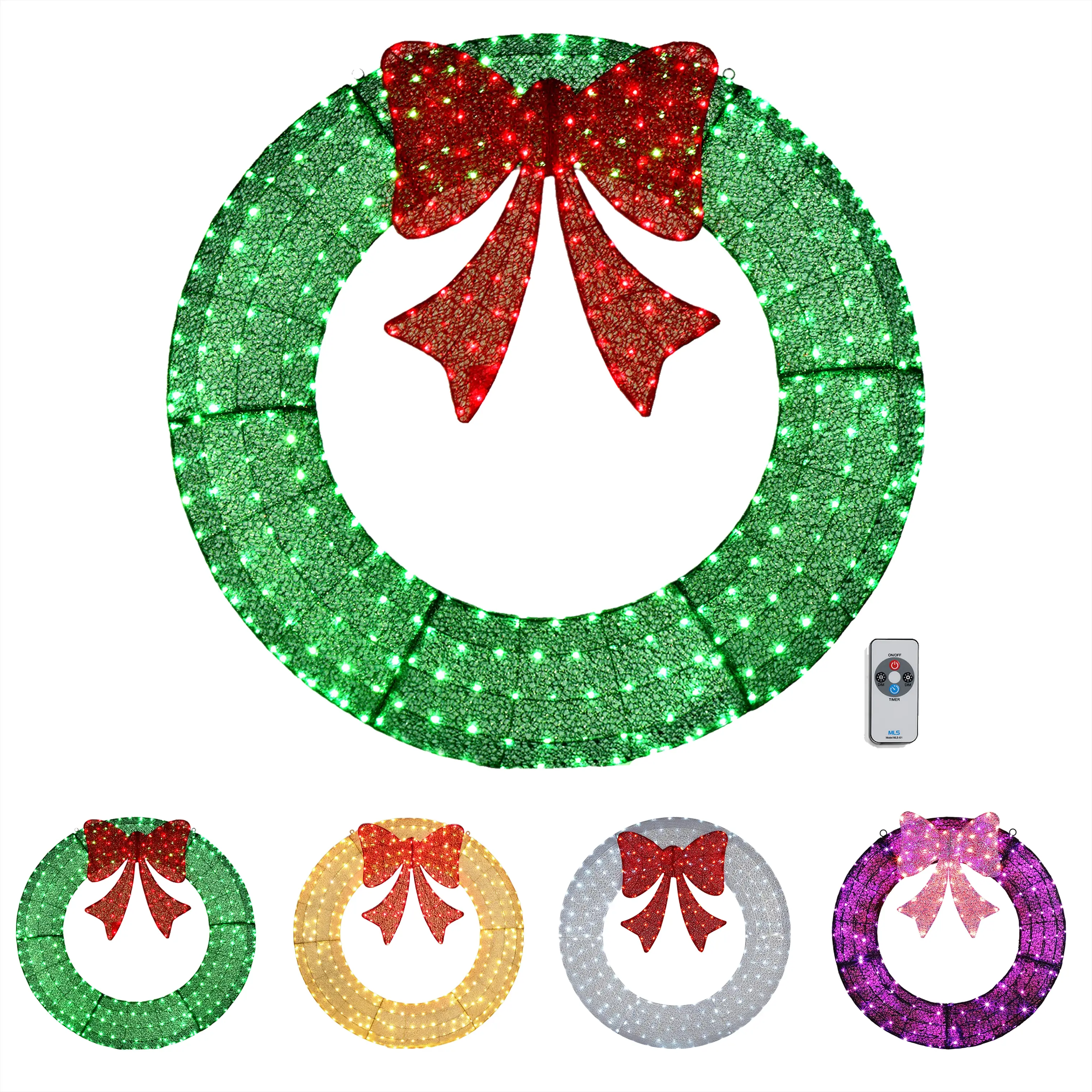 VINGLI Large Christmas Wreath (24/36/48/60 in) with Pre-installed LED Multi-color Lights, Plug-in Control System, Lace Ornaments - Outdoor & Garage Decor, Corded, Pre-Decorated