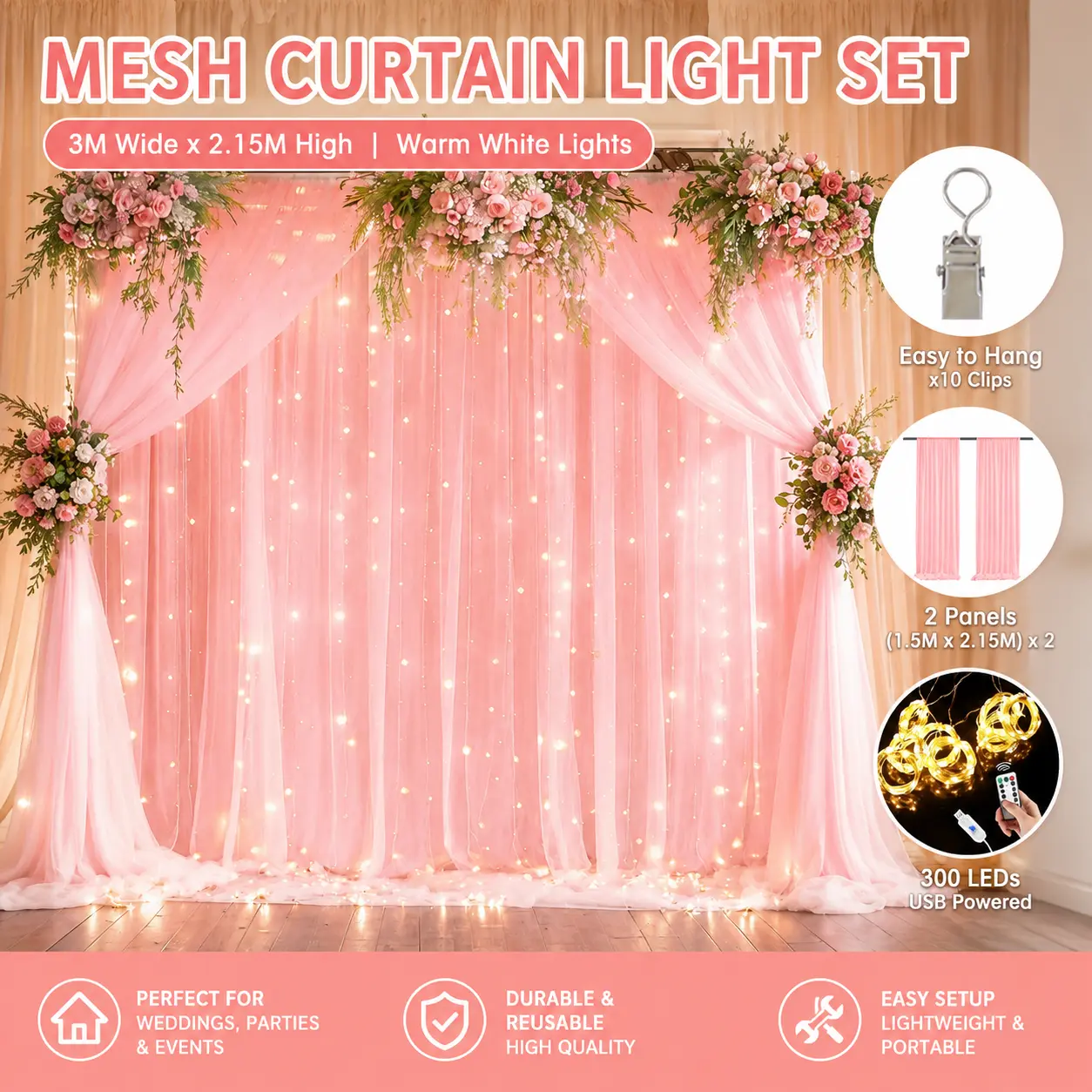 Colorful Champagne Fairy Lights Lighted Party Mesh Curtain Set - 300 Warm White LEDs, 9.84ft x 7.05ft Sheer Tulle Backdrop Drapes (2 Panels), USB Powered, Easy Setup Ambient Room Decor for Weddings, Birthdays, Ambient Lighting