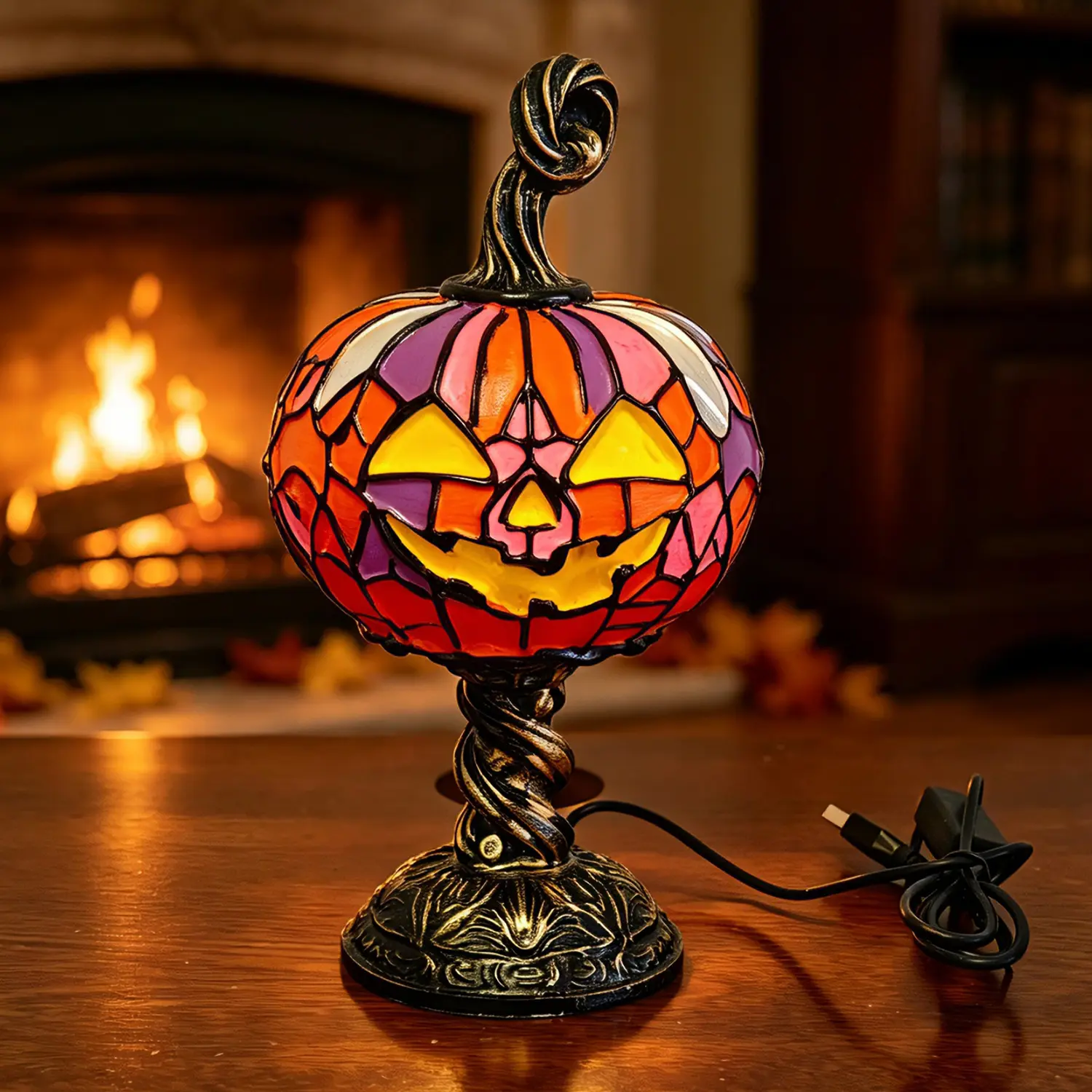 Vintage Stained Glass Style Resin Body Jack-O'-Lantern Table Lamp, USB-Powered Desk Night Light for Bedroom Tabletop Halloween Decor