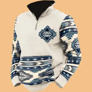 Mens Western Sweatshirt White Aztec 1/4 Zip Sweatshirt Mens Casual Vintage Graphic Denim Pullover Sweatshirt Long Sleeve Cotton