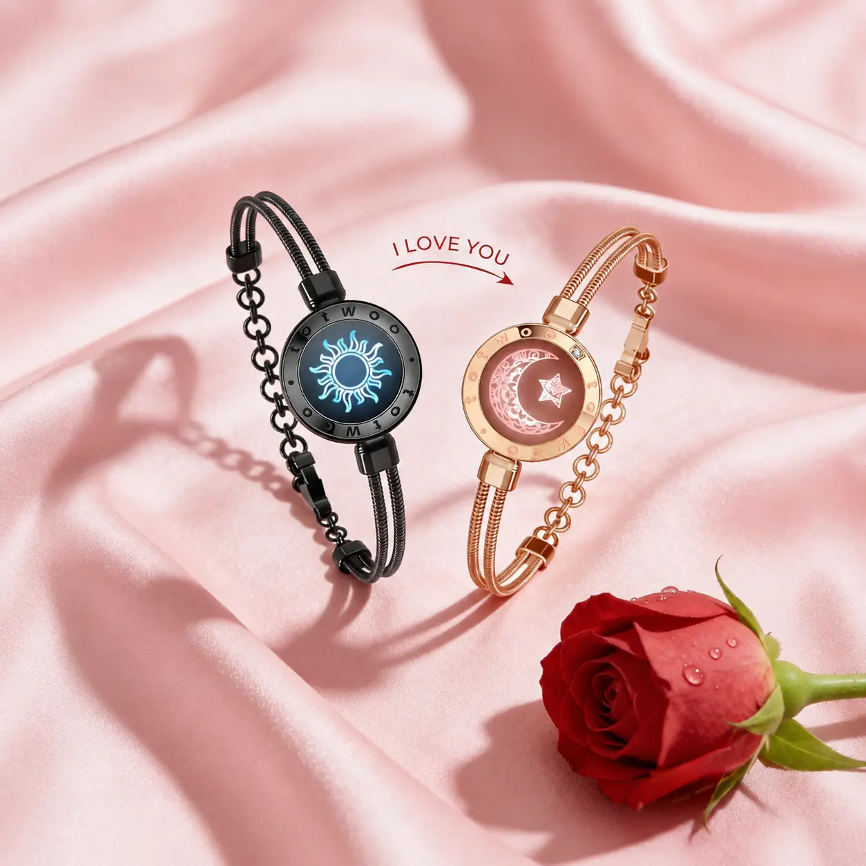 TOTWOO Sun & Moon Touch Bracelets, Matching Long Distance Bracelets for Couples, Best Friends & Family, Black Gold Snake Chain Bracelets, Light Up Connection Jewelry, Meaningful Birthday, Anniversary & Friendship Gifts