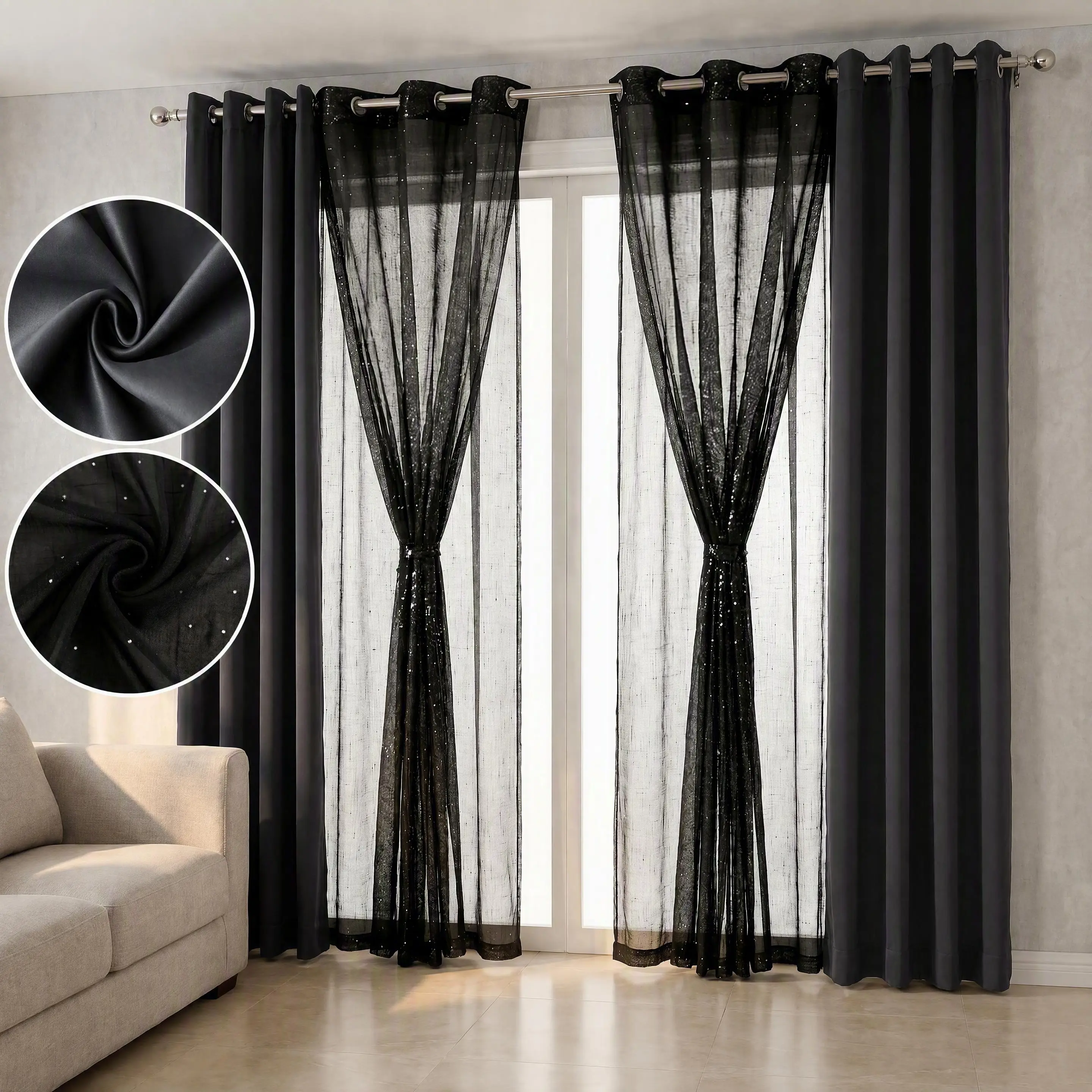 Rhinestone Sheer and Blackout Curtains Combo 6 Panels Set, Starry Crystal Dot Faux Linen Voile Plus Solid Thermal Room Darkening Panels 52x84 Inch, Sparkling Grommet Window Treatment, Glam Decor for Bridal Bedroom Farmhouse QF222&FT2930