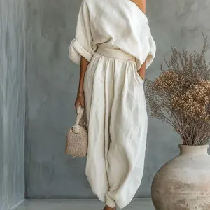 2pcs Set: Off-Shoulder Loose Top And Jogger Pants | Relaxed Minimalist Style for Women, Premium Lazy Chic Vibe, Suitable for Urban Vacations, Light Business Casual, And Other Occasions