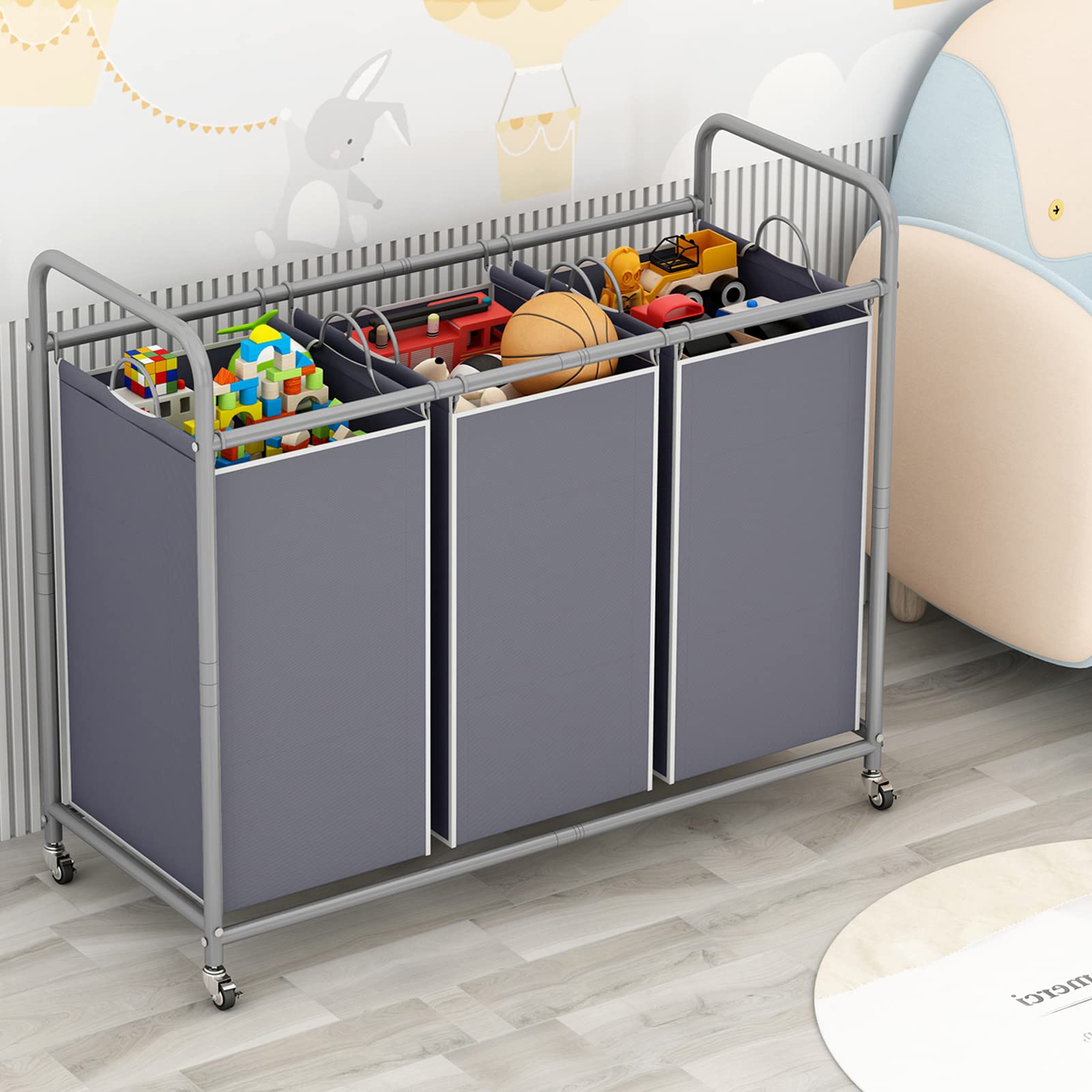 3 Section Laundry Sorter, 3 Bag Laundry Hamper Cart with Heavy Duty Rolling Lockable Wheels and Removable Bags, Laundry Organizer Laundry Basket Laundry Clothes Separator Hamper Container Black Deals For You Days