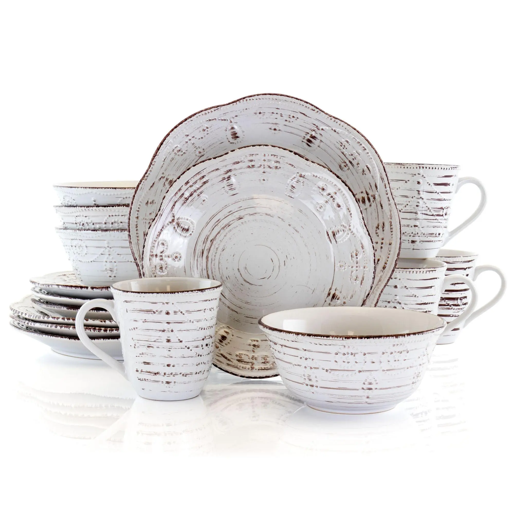Elama Rustic Birch 16 Piece Stoneware Round Dinnerware Set