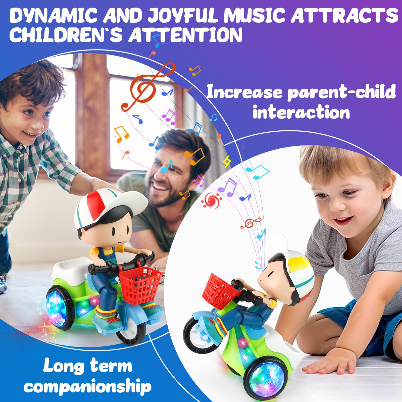 Kids Electric Stunt Bike Toy with Lights Music Wiggling Action & Obstacle Avoidance Fun Toddler Electric Tricycle for Safe Imaginative Play