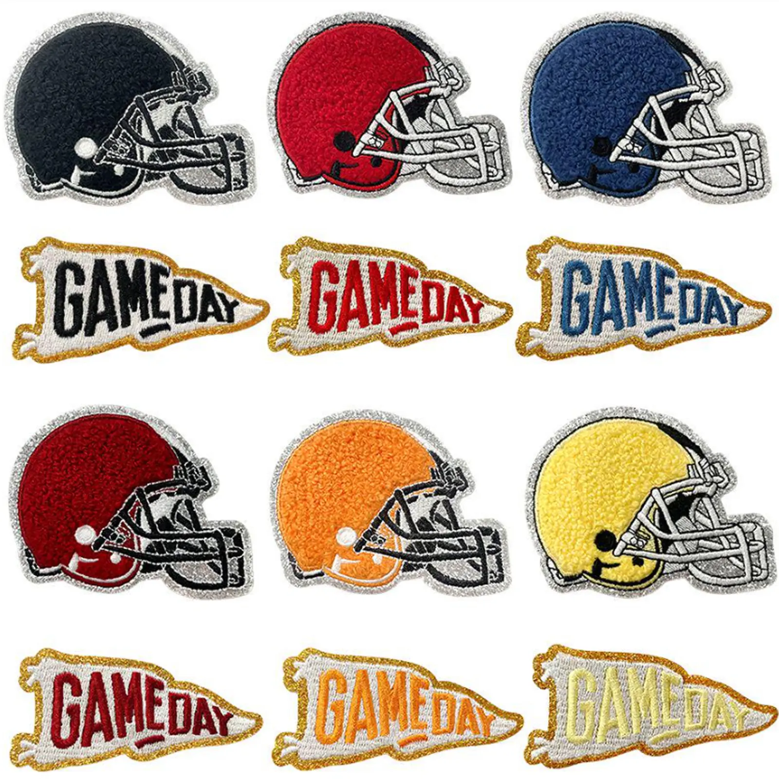 12pcs Polyester Football Iron-On Patches, Gold Edge Chenille Embroidered Rugby Applique - Gold Edge Adds Polished Sporty Shine, Patching Material Trim & Embellishments, Great for Jeans and Hats, DIY Custom Style Accessory