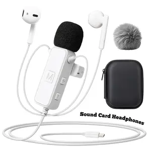 Sound Card Karaoke Headset with Real-Time in-Ear Monitoring & Microphone, 7 Sound Effects Voice Changer, Karaoke Headphones with Lavalier, 2 Modes Live Streaming Sound Card & Wired Earbuds Earphones