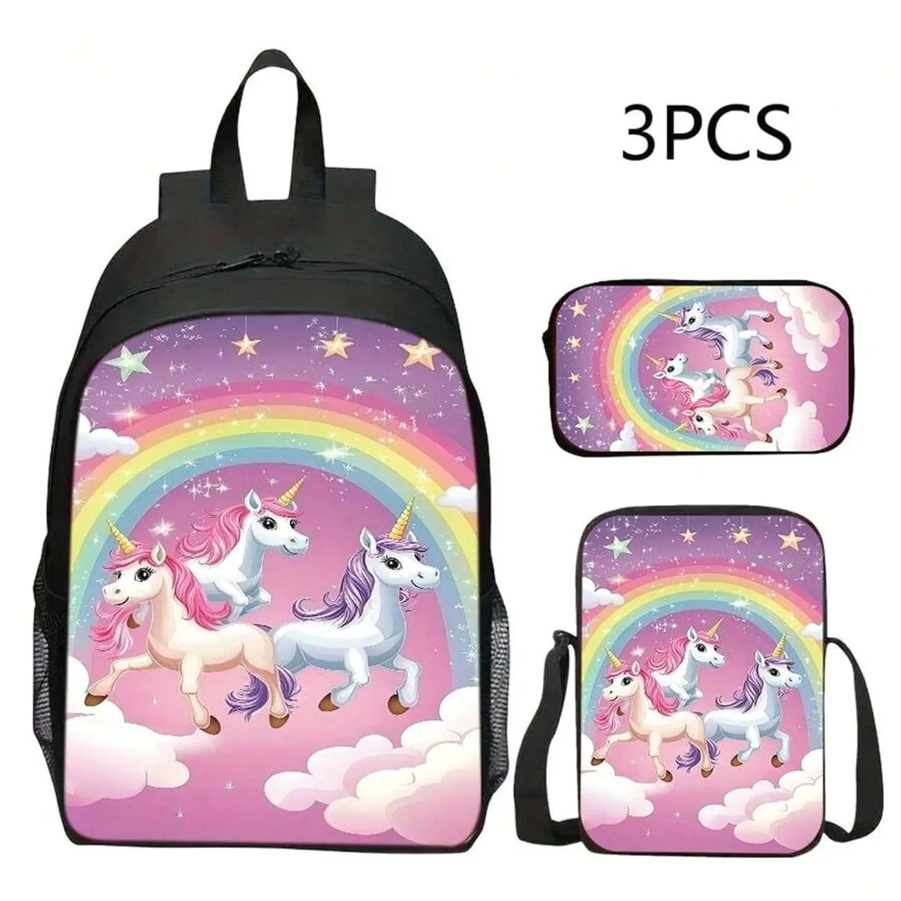 Cute Rainbow Unicorn 3Pcs Large Capacity Laptop Backpack Set with Crossbody Bag Back to School Halloween Christmas Gift