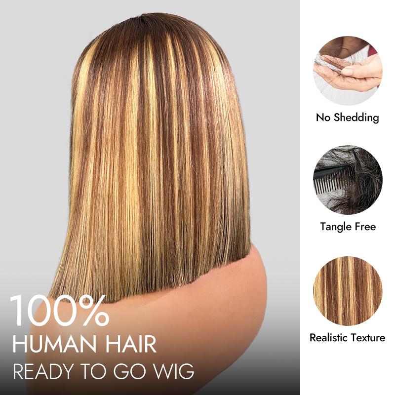 [New In] Wiggins Hair Highlight Straight Bob Wig Glueless 7x4 Lace Closure Wigs Human Hair Ready To Go Wig Honey Blonde Highlights with Brown Hair