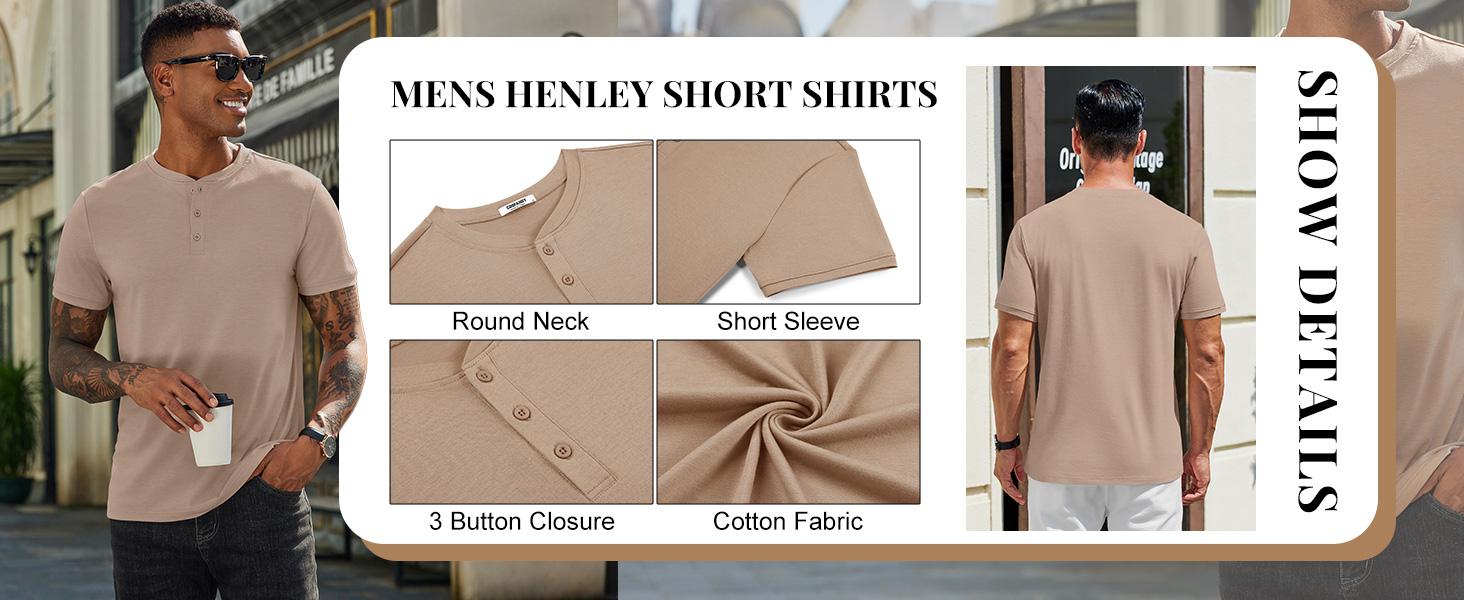 COOFANDY Men's Henley Shirts Cotton Short Sleeve Casual T-Shirt Button Henley Basic Tee