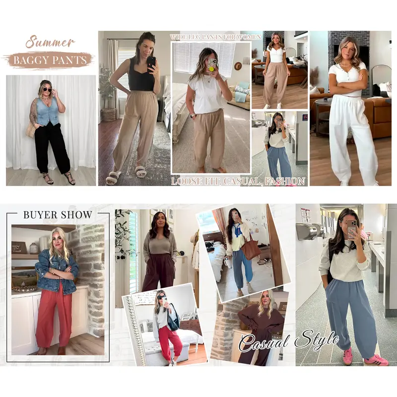 Buenoble Women's Wide Leg Harem Pants Casual Palazzo Pants with Pockets High Waist Relaxed Fit