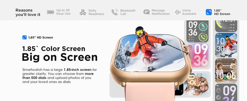 Smart Watch Pro for Women & Men with 30 Days+ Battery Life Heart Rate SpO2 Sleep Monitor 120 Sports Modes IP68 Waterproof Fitness Tracker Call & Message Notifications 1.85" Touchscreen Customizable Watch Faces Wristwatch Digital