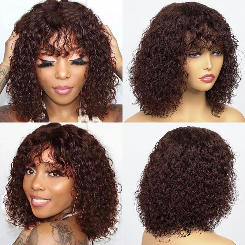 Asteria Hair Red Brown Curly Wig with Bangs Human Hair Short Bob Wig Machine Made Beginner Friendly