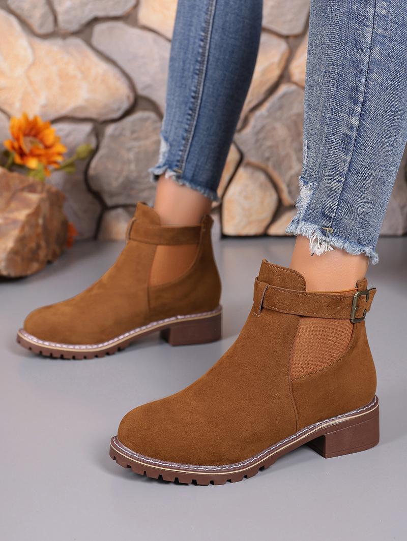 Women's buckle thick low heel anti slip thick sole fashionable ankle boots - round headed solid color short boots, suitable for winter and autumn, casual and formal wear
