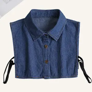 Women’s dark blue denim square collar faux collar with fixed straps—versatile decorative inner collar for layering on daily commutes and casual wear; ideal for sweaters, shirts, and hoodies