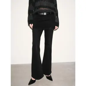 Urban Revivo 2026 Women's Cotton Denim Pants - Belted Flare Leg Jeans with Overlay Detail, Streetwear Fashion Cotton Fabric Bottoms