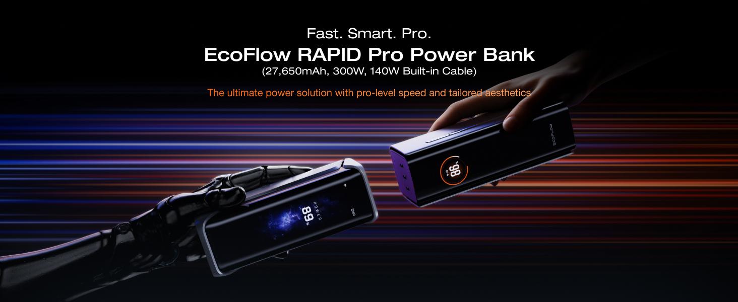 【Exclusive TikTok Gift】ECOFLOW Rapid Pro Power Bank (27650mAh, 300W Max Output, 140W Built-in Cable), 4-Port Portable Charger, TSA-Approved, Up to 320W Recharge, Compatible with MacBook, iPhone 17/16/15, Galaxy, Laptop