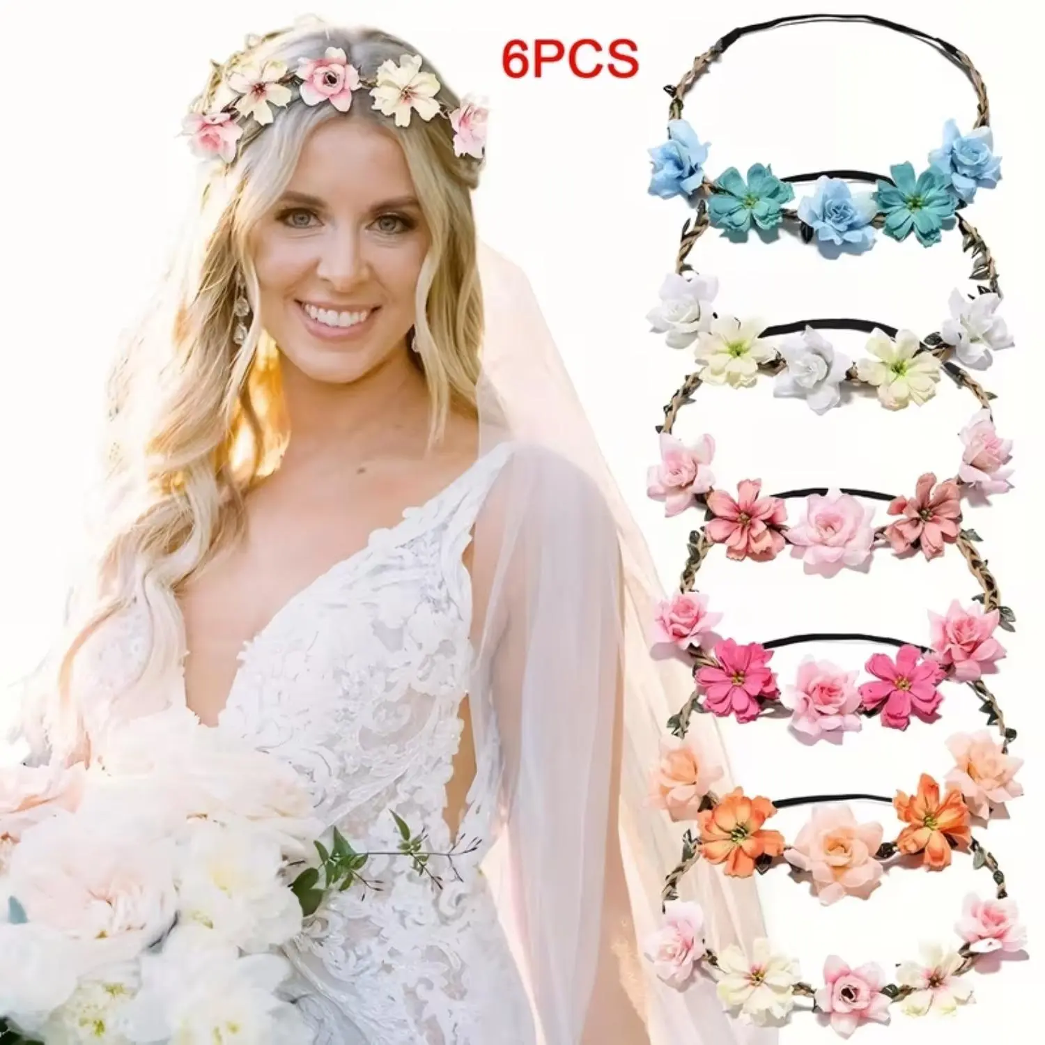 Bohemian Wedding Hair Accessories, 6-Piece Flower Crown & Tiara Set for Bride and Bridesmaids, Boho Chic Headpieces for Ceremony & Photos